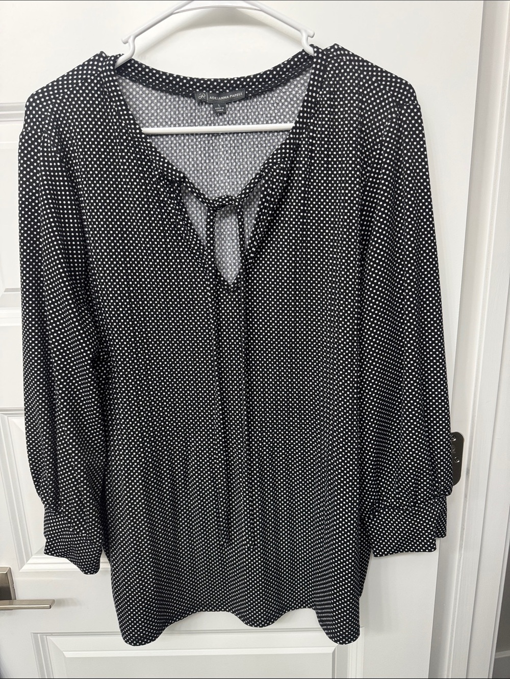 Adrianna Papell Black and White Polka Dot Tie-Front Blouse